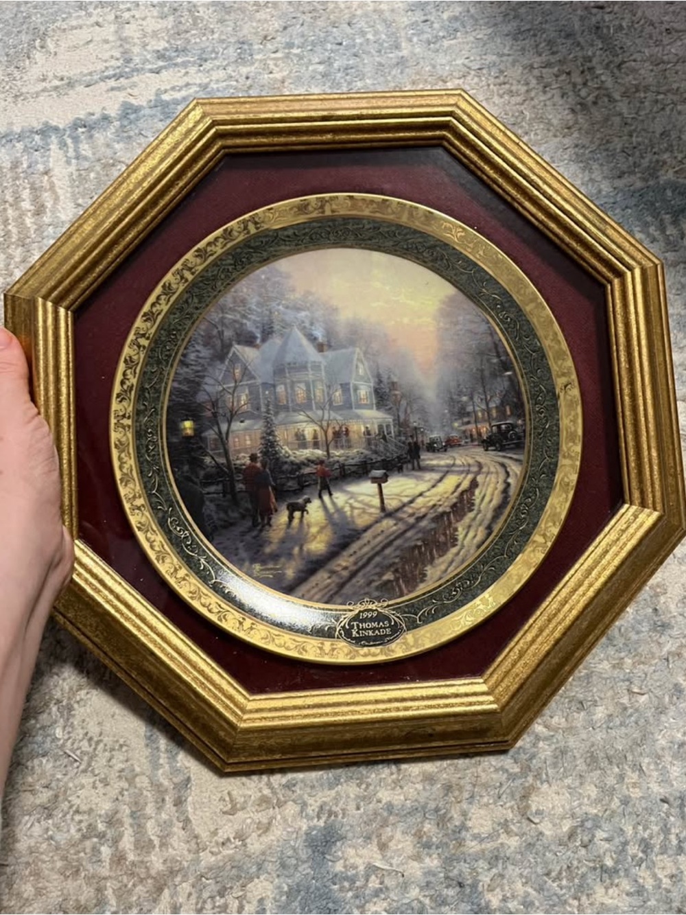 Thomas Kinkade Gold Framed Octagonal Winter Christmas Village Plate